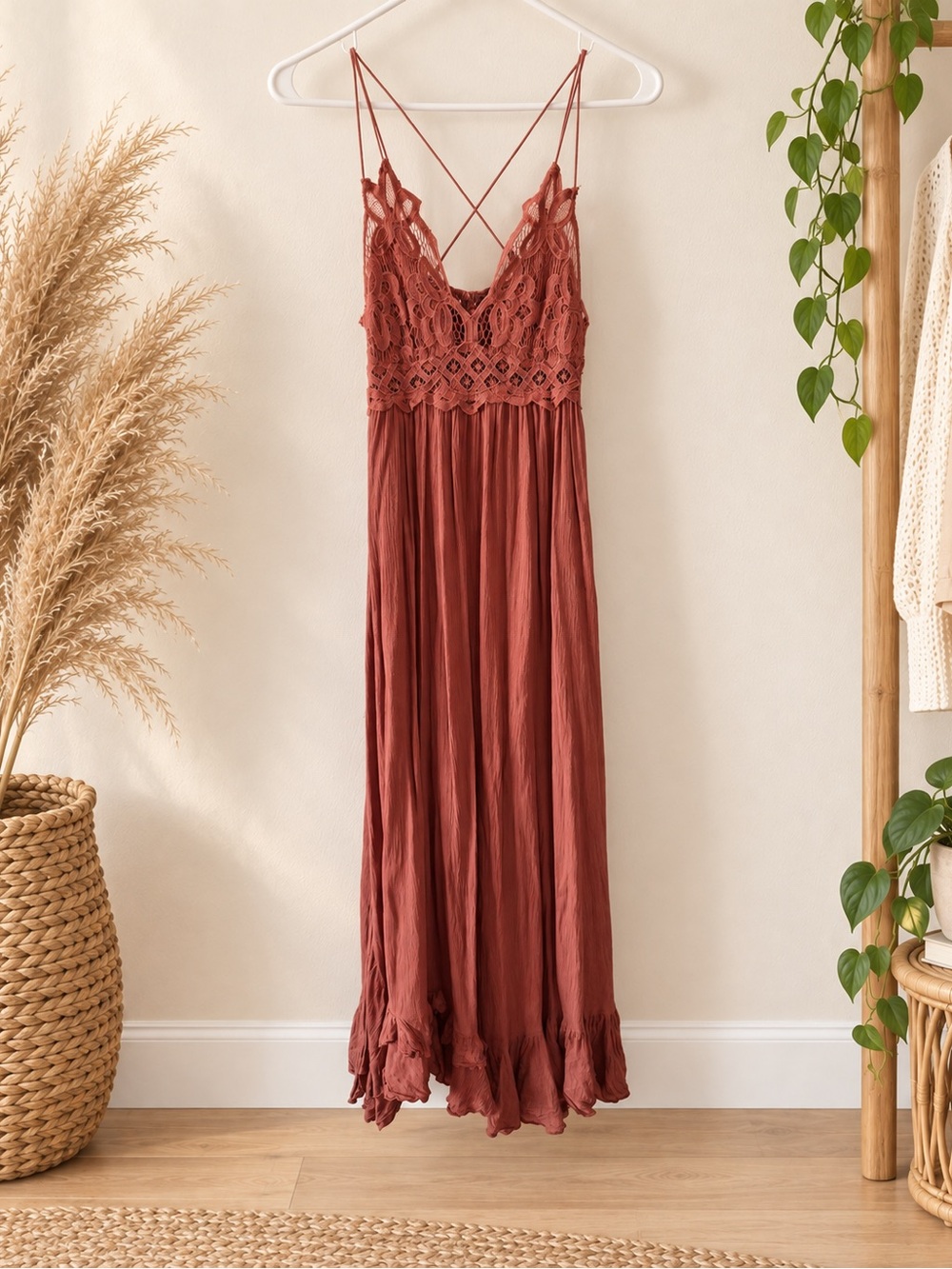 Free People Rust Lace Bodice Crisscross Maxi Dress